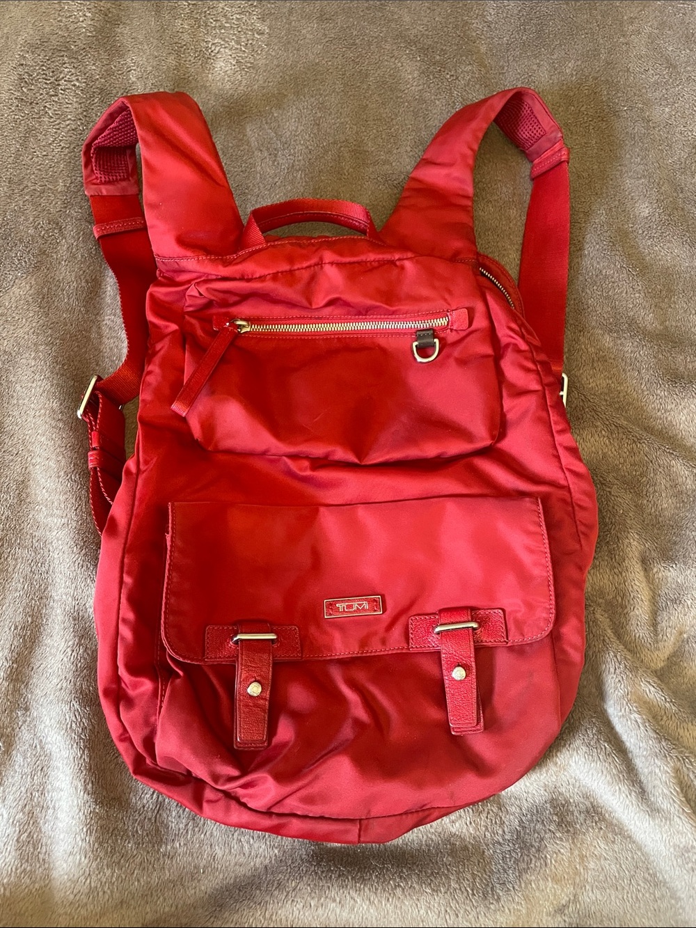 Tumi Red Nylon Backpack with Front Pockets